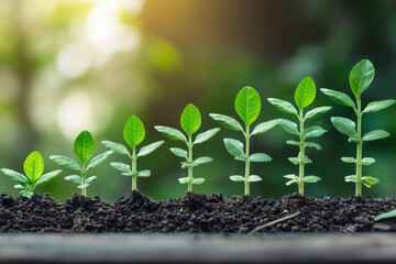 Growing seedlings in soil with soft sunlight in the background.