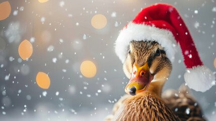 Festive Duck Wearing Santa Hat in Snowy Winter Scene - Perfect for Christmas Themed Designs and Holiday Cards