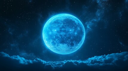 Fototapeta premium Glowing blue gradient sphere on black background, moon rise abstract grainy noise texture effect poster design, Generative AI