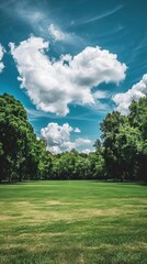 Fototapeta premium Green Grass Field with Blue Sky and White Clouds.