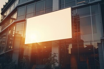 A blank billboard displayed on the facade of a modern building during sunset, reflecting warm light, for outdoor commercial use.  Generative AI