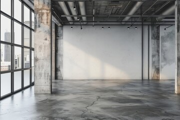 Gray industrial open space office with blank wall, Generative AI