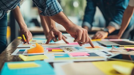 Obraz premium Collaborative business brainstorming session with creative agency team discussing roadmap for product launch, strategic planning, and new business development