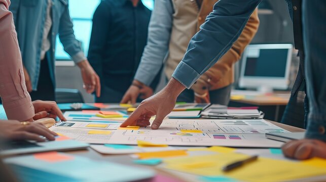 Collaborative business brainstorming session with creative agency team discussing roadmap for product launch, strategic planning, and new business development