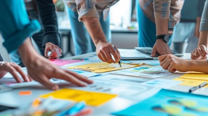 Collaborative business brainstorming session with creative agency team discussing roadmap for product launch, strategic planning, and new business development