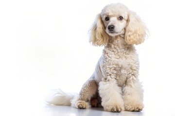 Adorable White Poodle Sitting on White Background.