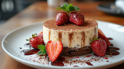 Classic tiramisu dessert with mint and strawberry on white plate