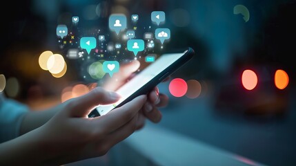 Close-up of a hand holding a smartphone with social media icons and notifications overlay, representing digital communication and online networking in modern technology