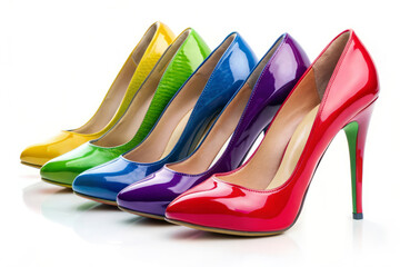 Colorful High Heel Shoes on White Background.