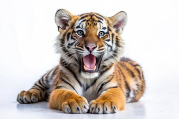 Obraz premium Adorable Tiger Cub with Open Mouth on White Background.