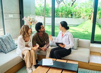 woman man meeting insurance investment couple advice client real estate agent finance customer...