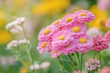 Pink Yarrow blooms, Achillea Millefolium plants in field, Generative AI