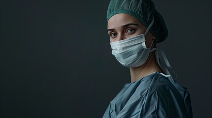 A female surgeon wearing a mask and surgical uniform, focused during an operation against a black background, representing expertise and dedication in healthcare.
