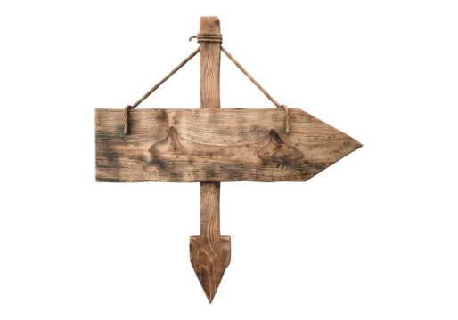 wooden arrow sign hanging isolated on transparent background.