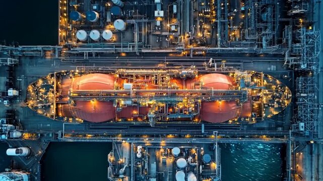 The LNG tanker and gas terminal in daylight, showing the intricate system of pipelines and storage tanks used for handling liquefied natural gas and other petroleum products.
