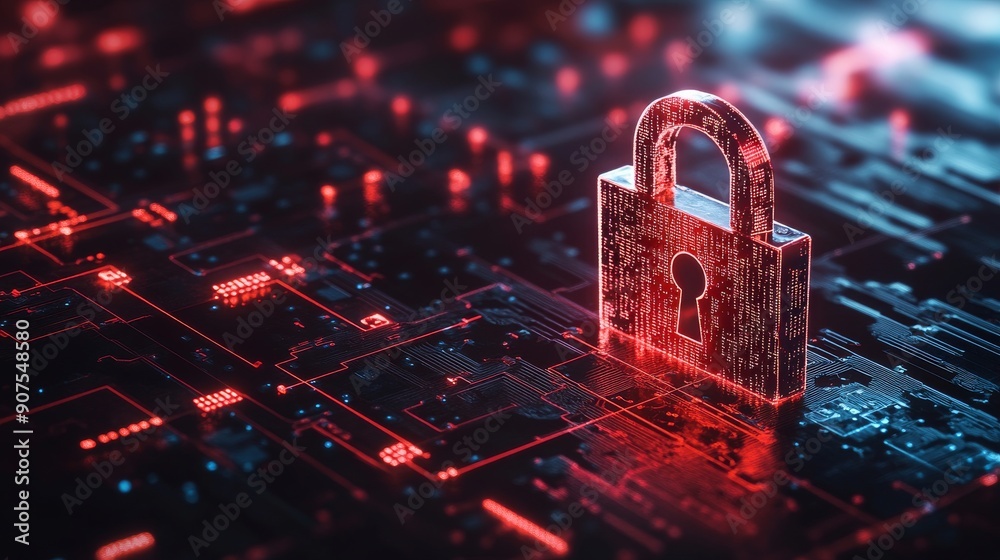 Aufkleber a digital padlock with circuit board patterns and binary code in the background, symbolizing data pr