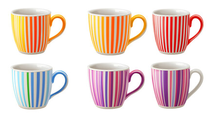 Set of colorful striped mugs with black stripes isolated on transparent background