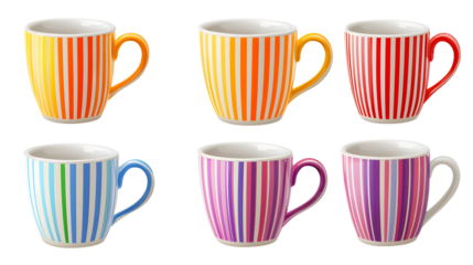Set of colorful striped mugs with black stripes isolated on transparent background