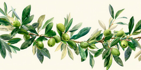 Branch with ripe green olives and lush green leaves against a white background. Concept for healthy eating, Mediterranean diet, organic farming, and culinary arts. Ideal for food industry, health blog