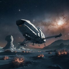 Obraz premium A spacecraft landing on an alien planet with strange rock formations and bioluminescent plants. The starry sky above is filled withdistant galaxies and a large, colorful nebula
