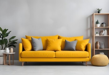 Fototapeta premium A modern yellow sofa with gray throw pillows in a minimalist living room setting