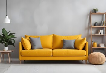 A modern yellow sofa with gray throw pillows in a minimalist living room setting