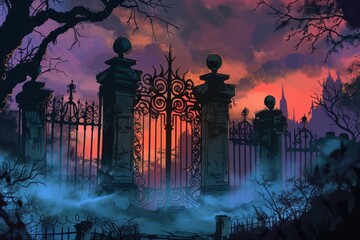 Ornate Iron Gate Leading to a Mysterious, Foggy Forest