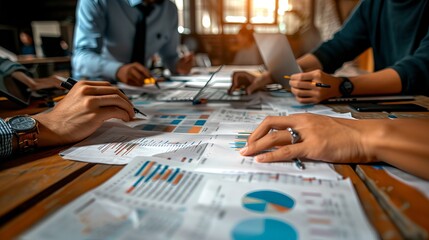 Collaborative teamwork in a modern office setting, hands of business professionals analyzing financial documents and reviewing reports during a strategy meeting.
