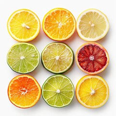 Fototapeta premium A vibrant arrangement of assorted citrus slices including orange, lemon, lime, and blood orange, set against a white background.