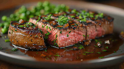 Close up of beef steak with port and foie grass on dark brown board