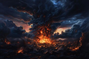 Torchlight in the midst of a conflagration highlights singed surroundings with dramatic intensity. 