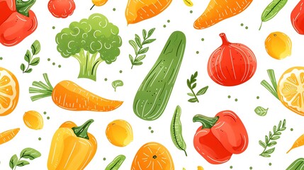 Fototapeta premium Organic Vegetable Pattern Pattern featuring organic vegetables like carrots, broccoli, and bell peppers, highlighting health and sustainability in a seamless graphic design