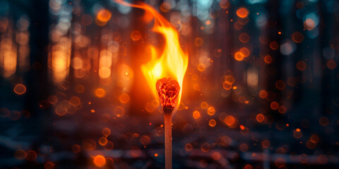 A burning match ignites in a dark forest. Concept for fire safety, environmental awareness, and danger. Suitable for educational content, fire safety campaigns, environmental initiatives, and dramatic