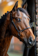 Fototapeta premium A brown horse with a black bridle and a white nose
