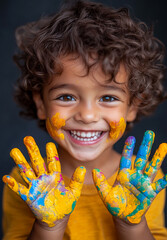 A young child with painted hands and a big smile. The child is wearing a yellow shirt and he is enjoying the experience of painting their hands