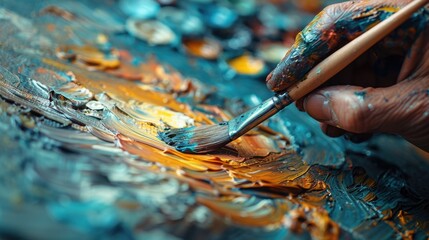 Obraz premium Close-up of an artist's hand painting with vibrant colors, showcasing intricate brushstrokes and rich textures on a canvas.