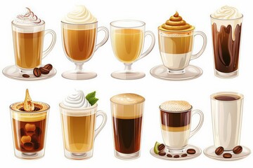Illustration of various coffee drinks with different toppings in glass cups.