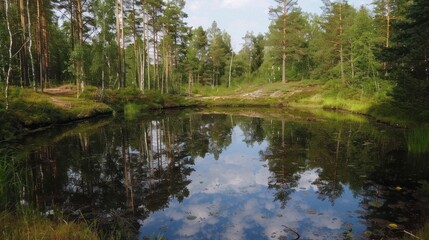 Obraz premium Tranquil Forest Pond with Sky Reflection.