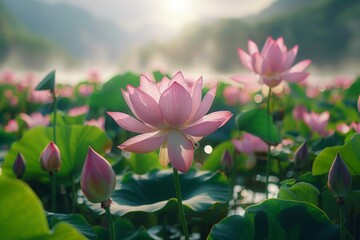 Beautiful pink lotus flower blooming in a serene pond.