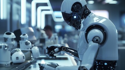 Fototapeta premium An AI robot calculating and thinking autonomously, showcasing futuristic technology and innovation. Ideal for topics on cyberpunk, advanced robotics, and the future of artificial intelligence.