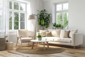 Modern villa living room design interior, beige furniture, bright walls, hardwood flooring, sofa, armchair with lamp. Concept of relax. 3d rendering, Generative AI