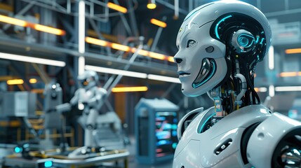 Fototapeta premium A futuristic cyberpunk scene showcasing advanced robots and AI technology, highlighting autonomous systems, innovation, and modern engineering concepts.