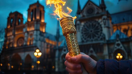  dramatic image of a torch being held in front of the iconic Notre-Dame Cathedral in Paris, highlighting the architectural details and the torch&acirc;&euro;&trade;s glow.