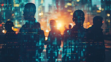 Imaginative visual depicting business professionals and financial firms staff engaged in enterprise resource planning (ERP) and digital technology solutions for advanced human resources management