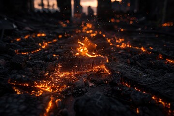 A soft glow amidst soot and cinders highlights the somber aftermath of a fire. 