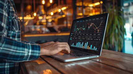 Business professional working on laptop at a wooden bar in a modern cafe, focusing on digital marketing strategies and data processing for effective online business management