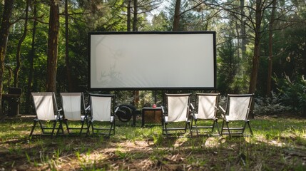Projection white screen, against the background of a pine forest. cinema