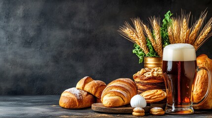 Fototapeta premium Delicious assortment of baked goods, grains, and a refreshing beer, perfect for any gathering or culinary display.