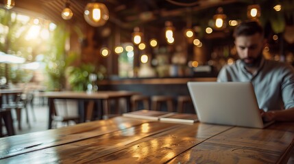 Business professional working on laptop at a wooden bar in a modern cafe, focusing on digital marketing strategies and data processing for effective online business management