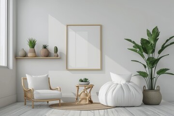 Chill room interior with seats and decoration, shelf with mockup frame, Generative AI